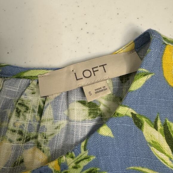 LOFT Lemon Print Tiered Swing Dress Women's Small Blue Yellow Linen Blend - Picture 11 of 13